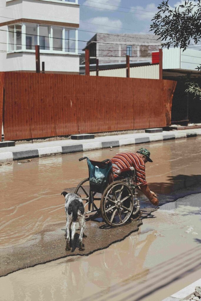 A man in a wheelchair leans forward to touch muddy floodwater on a partially submerged street while a black-and-white dog stands beside him, with residential buildings and a wooden fence in the background.